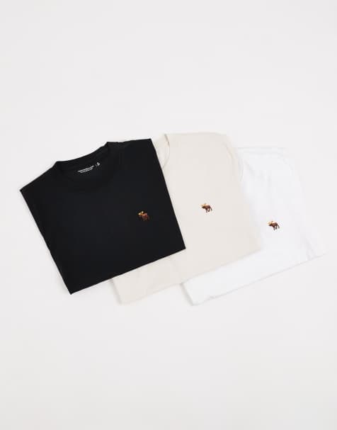 Abercrombie & Fitch – Vit, beige och svart t-shirt med ikonlogga, 3-pack - view 1