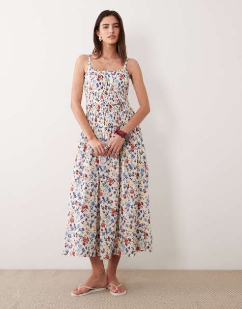 Abercrombie & Fitch – Vit, blommig maxiklänning med smockad, sänkt midja - view 1