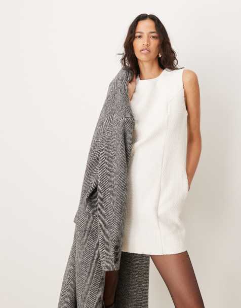 Abercrombie & Fitch – Vit, figursydd miniklänning i tweed med hög ringning - view 1