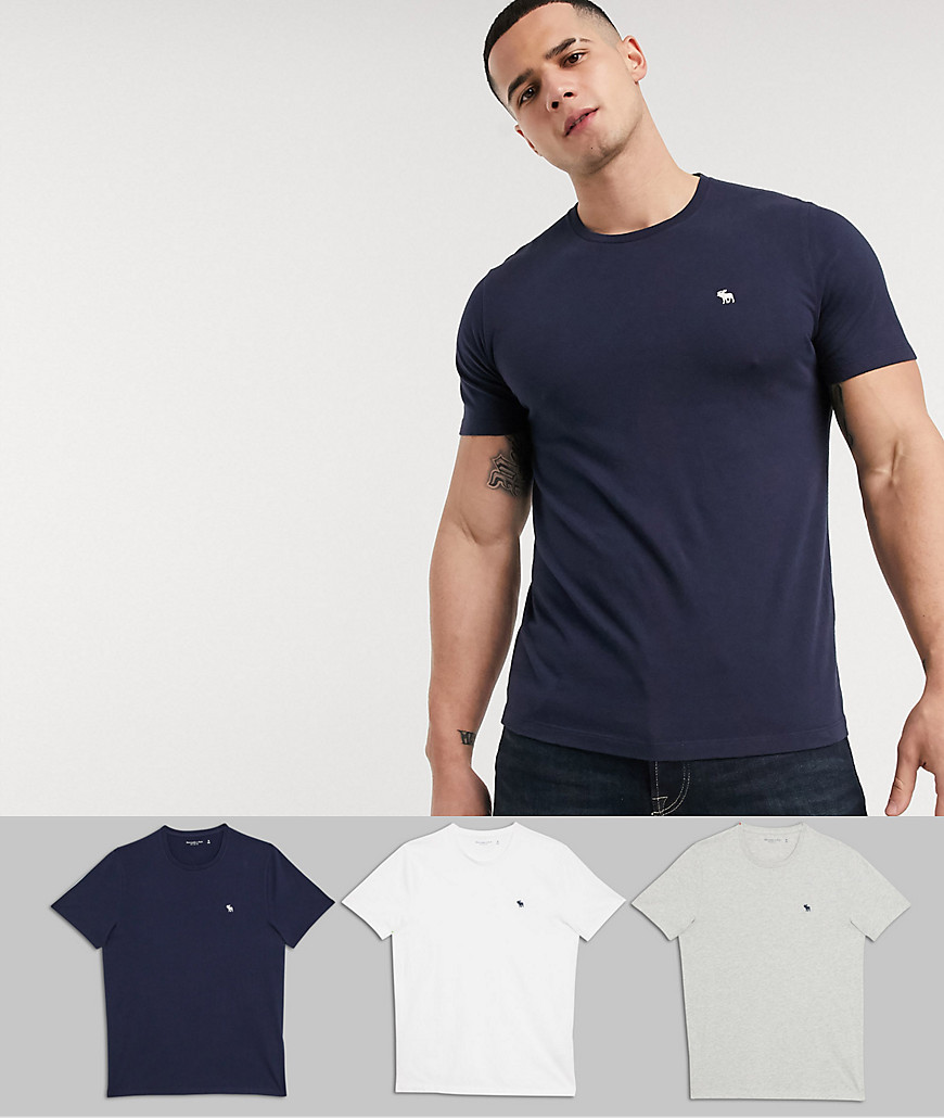 Abercrombie & Fitch – Vit/marinblå/grå t-shirt i 3-pack med rund halsringning och klassisk logga Endast hos ASOS-Flerfärgad