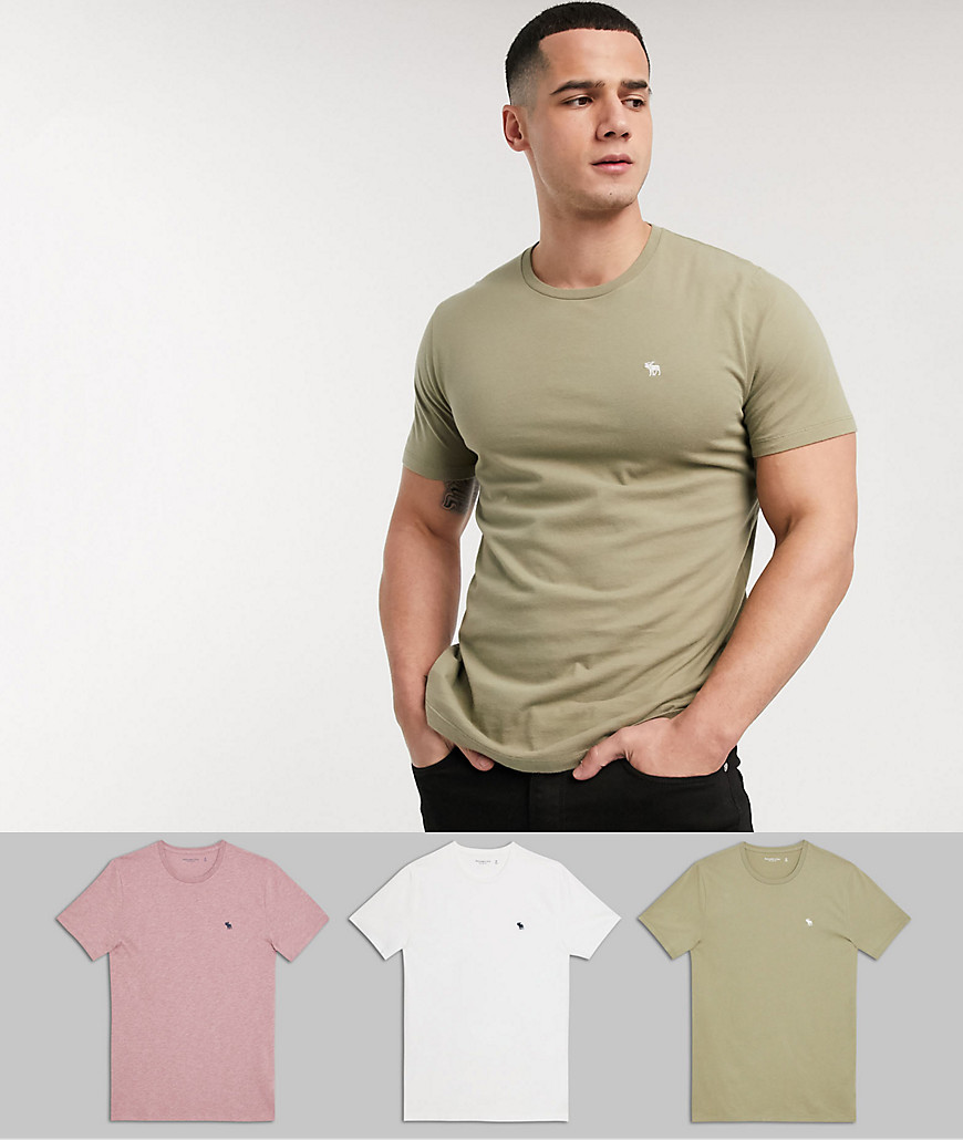 Abercrombie & Fitch – Vit/rosa/grön t-shirt i 3-pack med rund halsringning och klassisk logga Endast hos ASOS-Flerfärgad