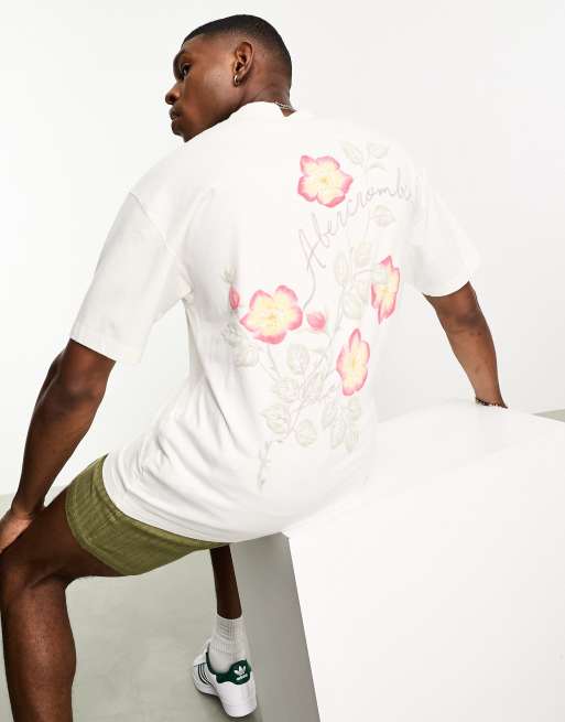 Abercrombie & Fitch – Vit t-shirt i oversize med blomtryck baktill och broderad logga