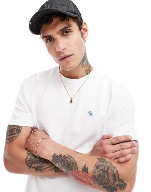 Abercrombie & Fitch – Vit t-shirt i pikématerial med klassisk logga