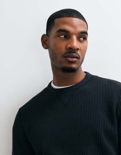 Abercrombie & Fitch waffle crew neck long sleeve top in black, 2 of 5