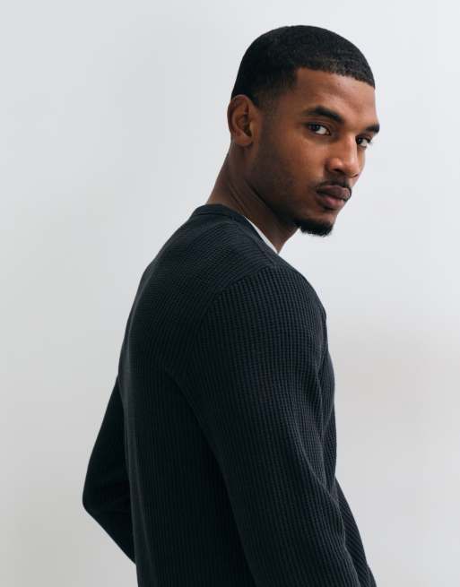 Abercrombie & Fitch waffle crew neck long sleeve top in black, 3 of 5