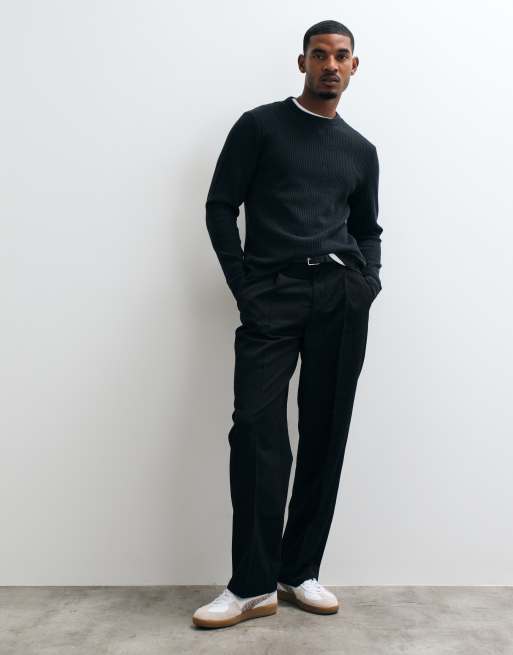 Abercrombie & Fitch waffle crew neck long sleeve top in black, 4 of 5