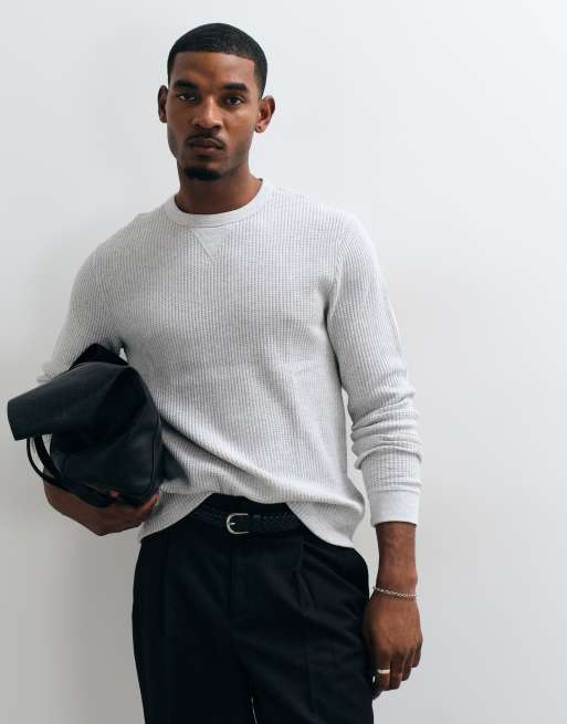 Abercrombie & Fitch waffle crew neck long sleeve top in light grey, 2 of 5