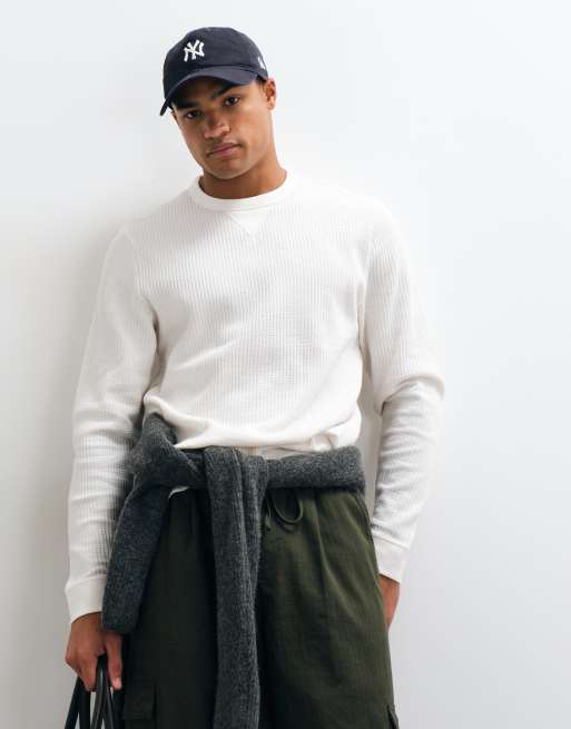 Abercrombie & Fitch waffle crew neck long sleeve top in white , 2 of 8