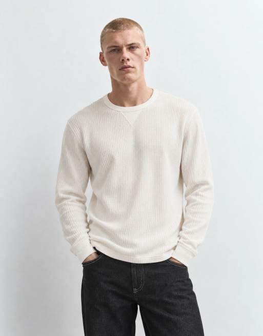 Abercrombie & Fitch waffle crew neck long sleeve top in white , 8 of 8