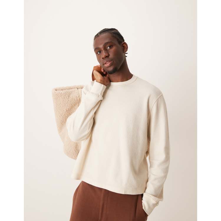 Tシャツ・カットソー 1993studio Lettering graphic waffle long sleeve beige 長袖 オーバーサイズド コットン Tシャツ Zoom Up Logo ミルク