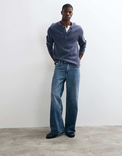 Abercrombie & Fitch waffle henley top in washed blue, 3 of 5