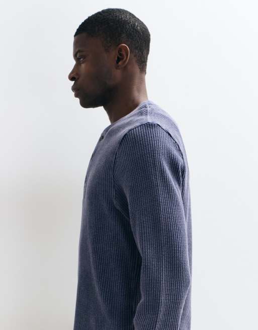 Abercrombie & Fitch waffle henley top in washed blue, 4 of 5