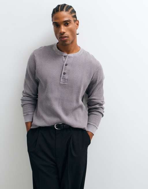 Abercrombie & Fitch waffle henley top in washed grey, 2 of 5