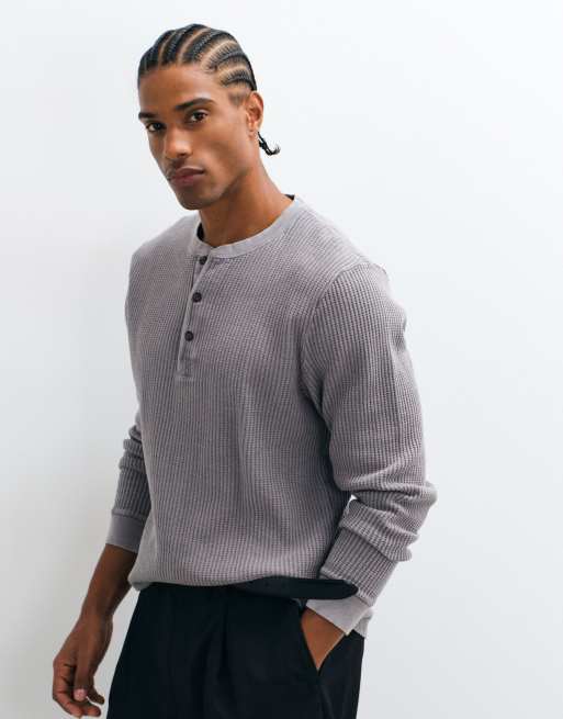 Abercrombie & Fitch waffle henley top in washed grey, 4 of 5