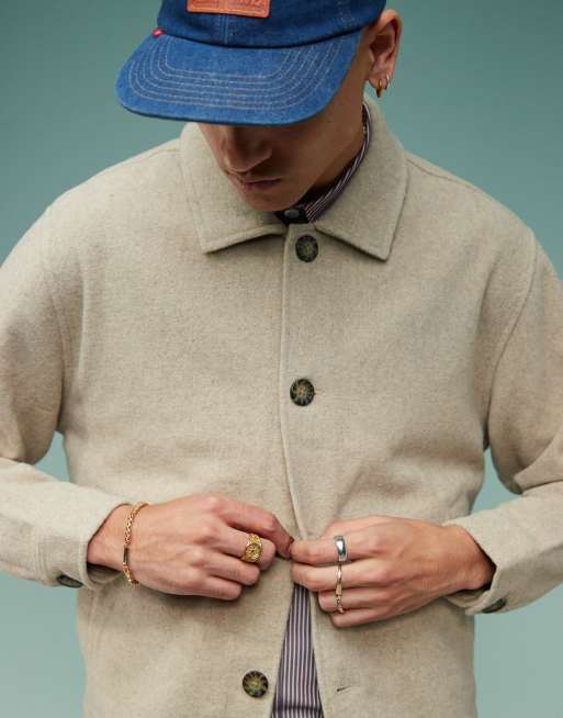 Abercrombie & Fitch warm handed wool blend 2 pocket overshirt in beige, 3 of 4