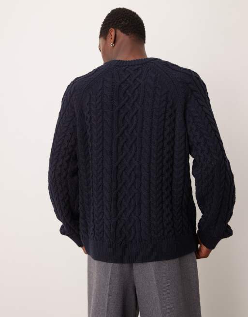 Abercrombie & Fitch – Warmer Oversize-Strickpullover in Marineblau mit Zopf- und Patentmuster, 3 von 4