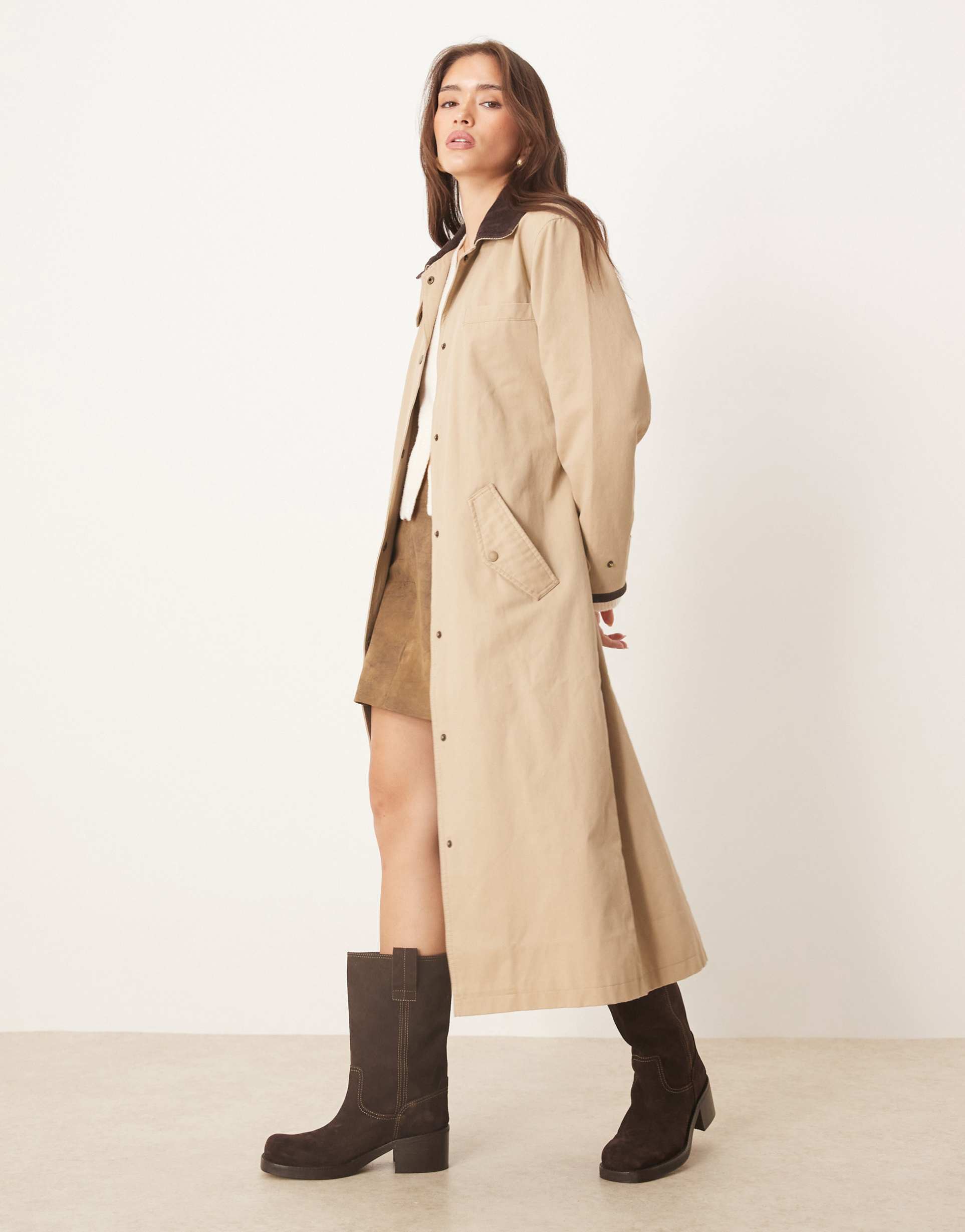 abercrombie & fitch waxed cotton maxi trench coat in tan