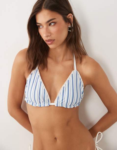 Abercrombie & Fitch – Wendbares Triangel-Bikinioberteil in Gelb geblümt mit blauen Streifen, Kombiteil - view 1