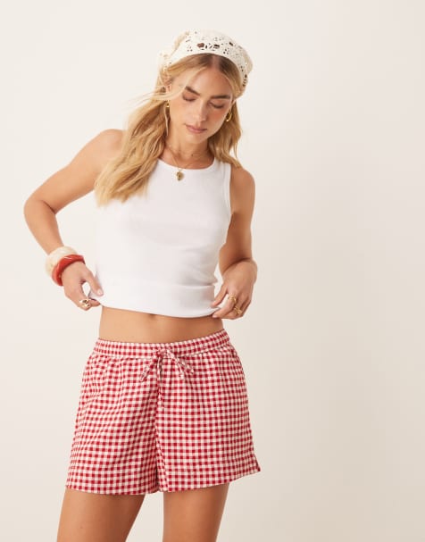 Abercrombie & Fitch tie waist linen shorts in red gingham