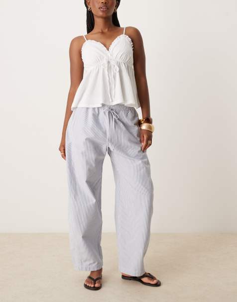 Abercrombie & Fitch tie waist barrel leg pull on trousers in blue stripe