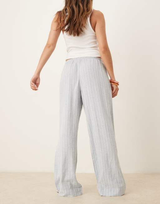 Abercrombie & Fitch wide leg linen blend pull on tie trousers in blue stripe, 3 of 5