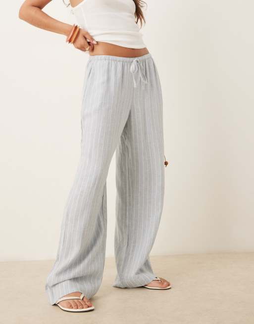 Abercrombie & Fitch wide leg linen blend pull on tie waist pants in blue stripes, 5 of 5