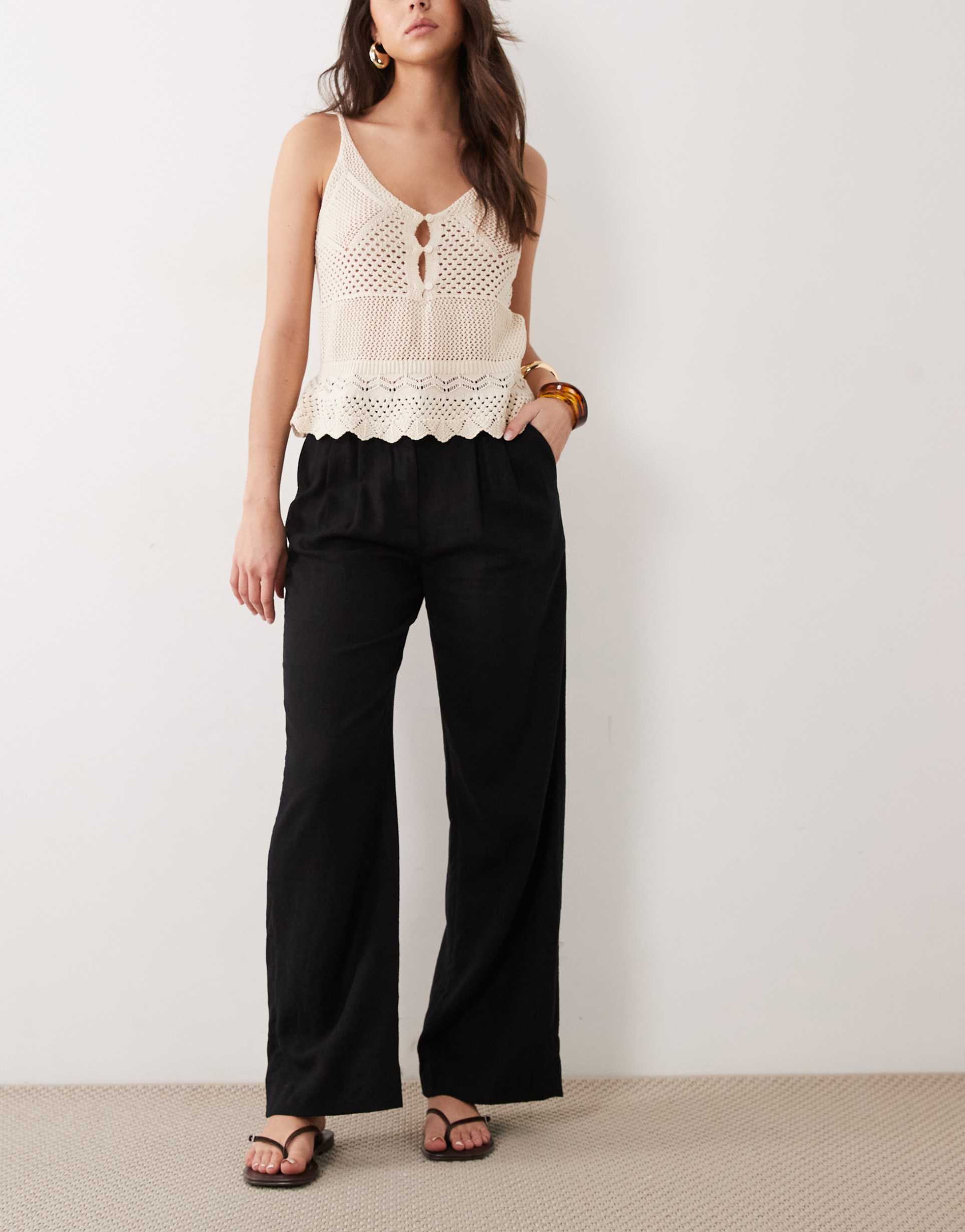 abercrombie & fitch wide leg linen rich pants in black