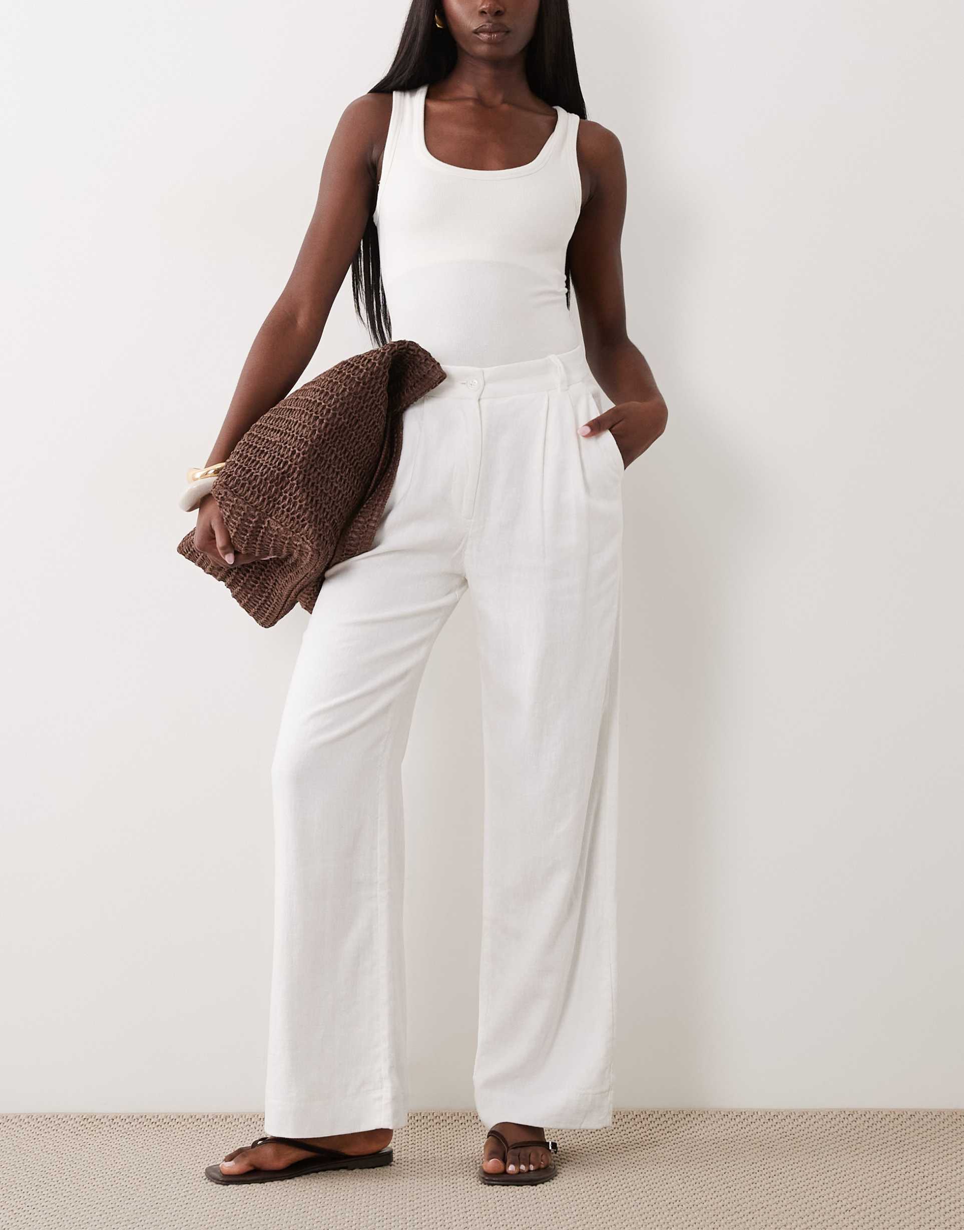 abercrombie & fitch wide leg linen rich pants in white