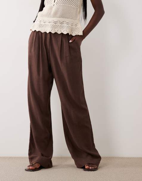 Abercrombie & Fitch wide leg linen rich trouser in brown - view 1