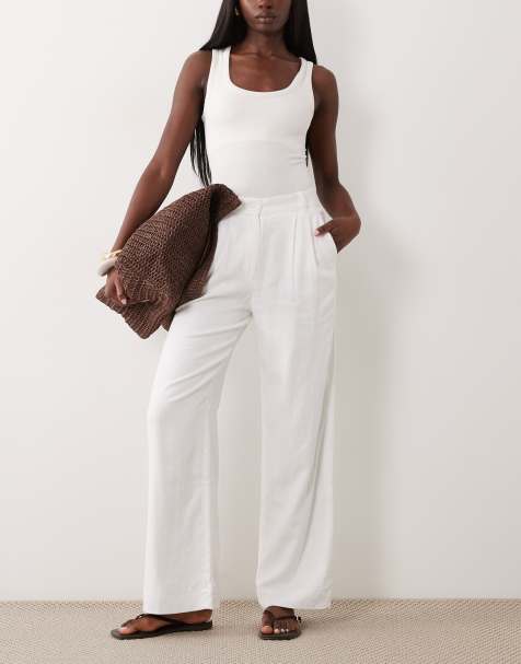 Abercrombie & Fitch wide leg linen rich trouser in white - view 1