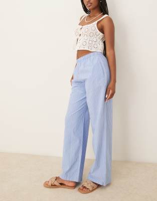 wide leg poplin fold-over pull on pants in blue stripe