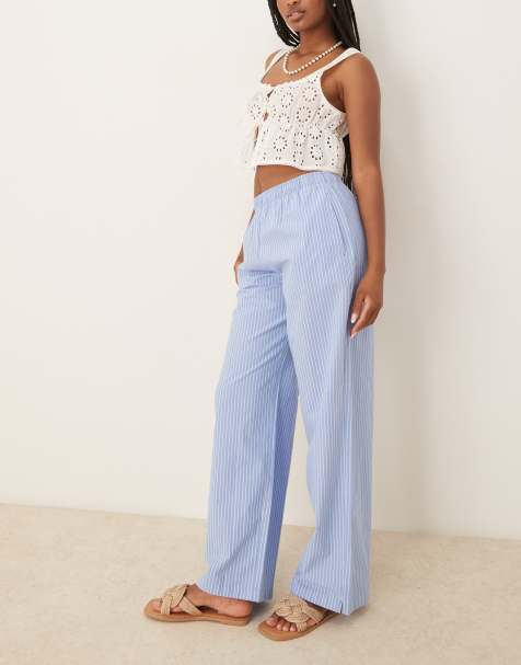 Abercrombie & Fitch wide leg poplin fold-over pull on pants in blue stripe - view 1