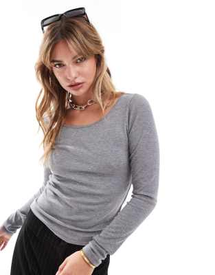 Abercrombie & Fitch wide scoop neck long sleeve top in grey