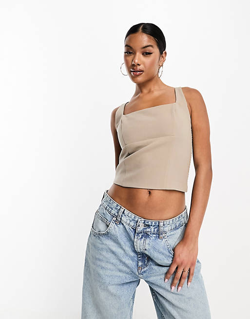 Abercrombie & Fitch wide strap tailored top with square neck in grey ...