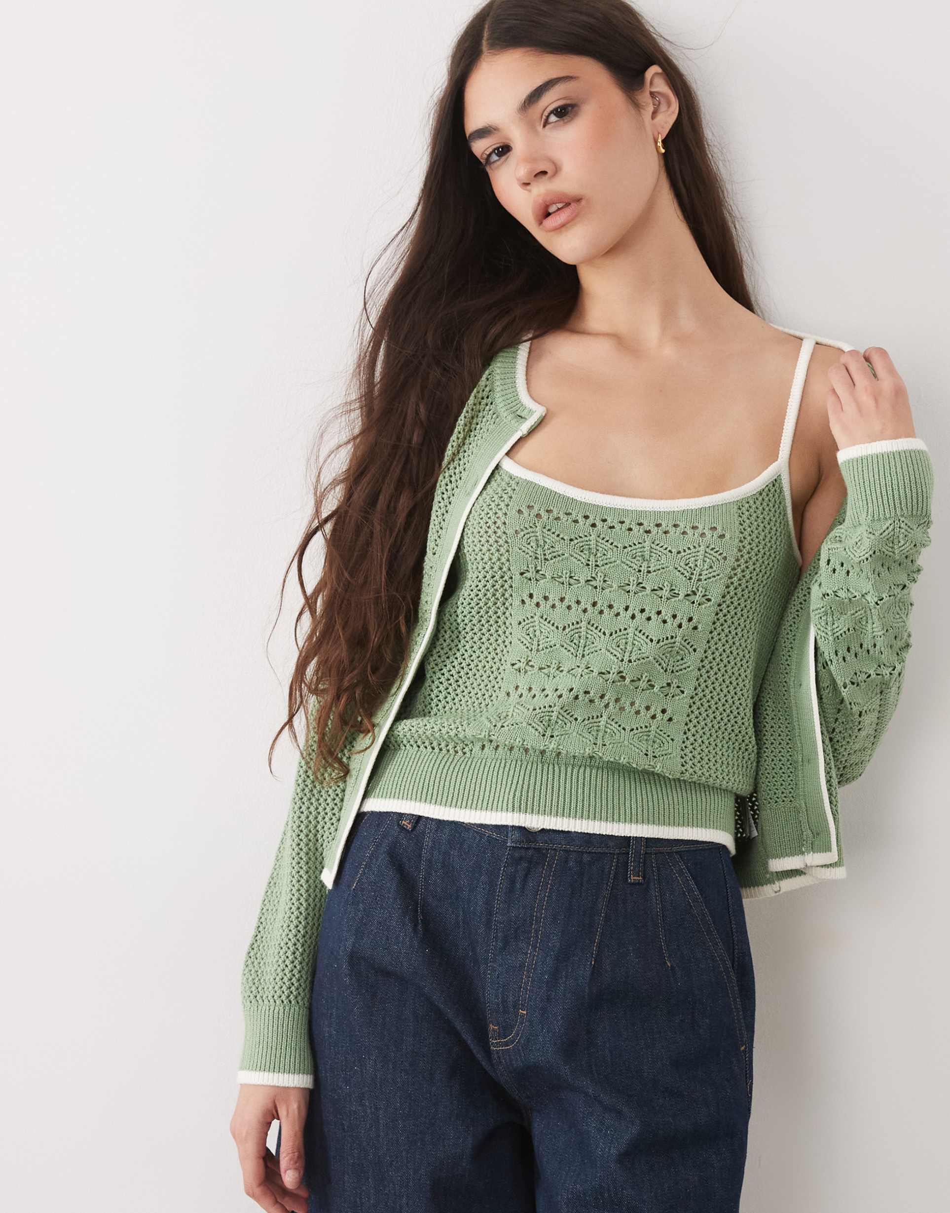 abercrombie & fitch wimbledon 2-in-1 knit cami and cardigan in green
