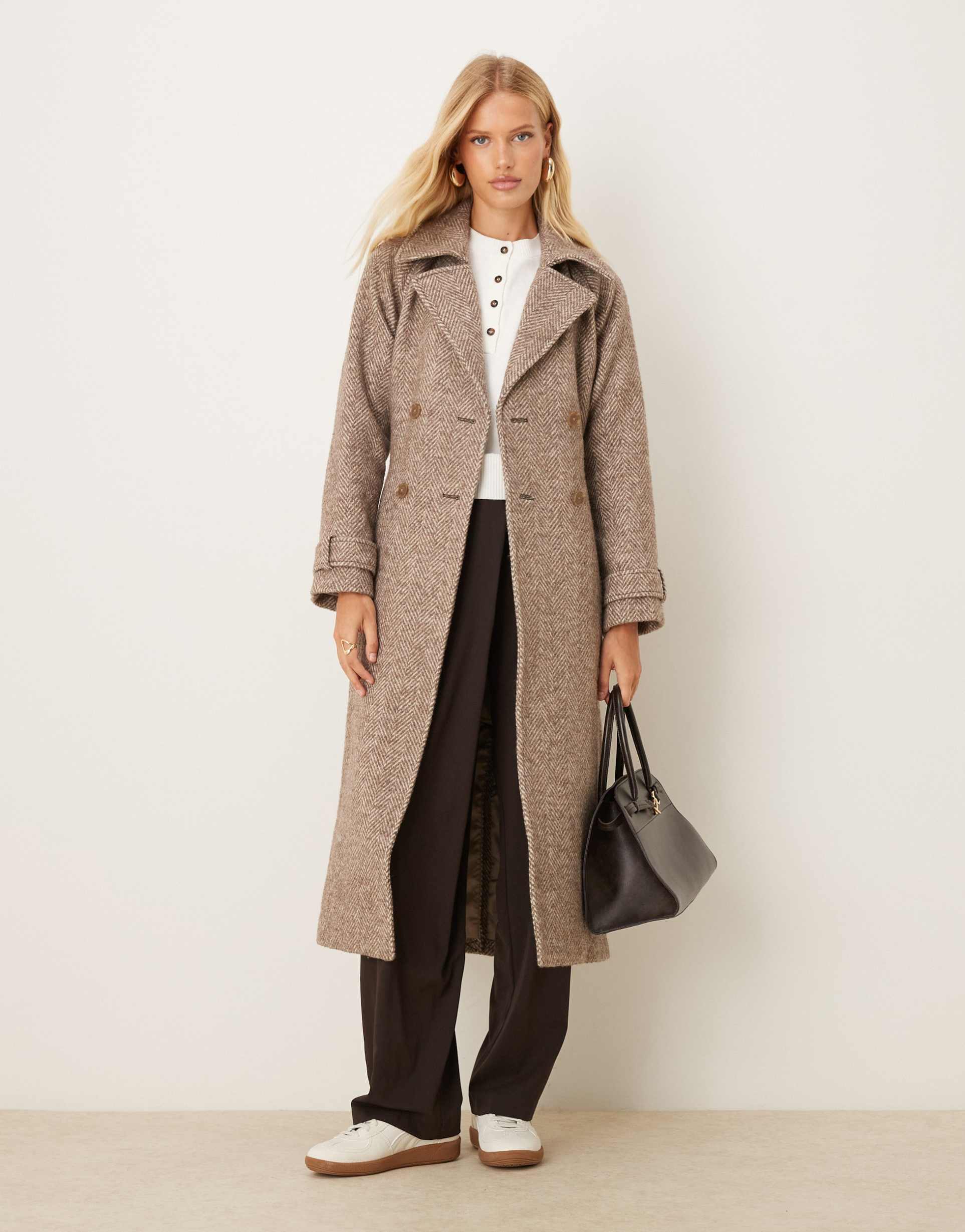 abercrombie & fitch wool belted trench coat in greige