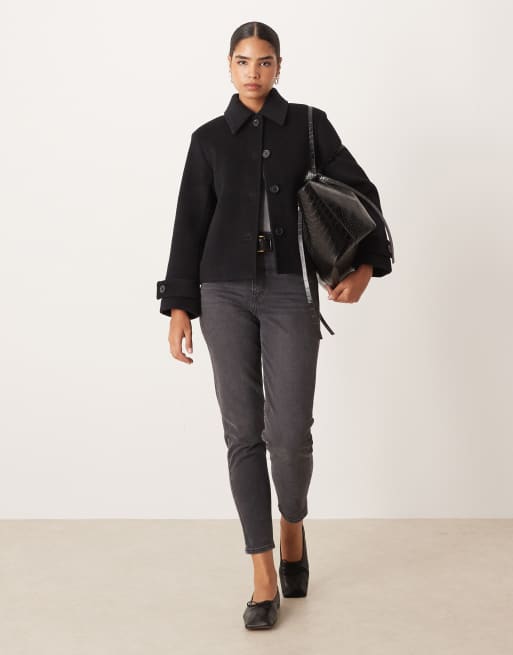 Abercrombie & Fitch wool blend button up short jacket in black, 3 of 4
