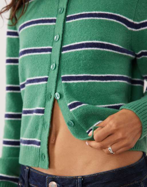 Abercrombie & Fitch wool blend cardigan with collar in green and white stripe, 3 of 4