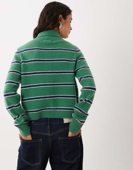 Abercrombie & Fitch wool blend cardigan with collar in green and white stripe, 4 of 4