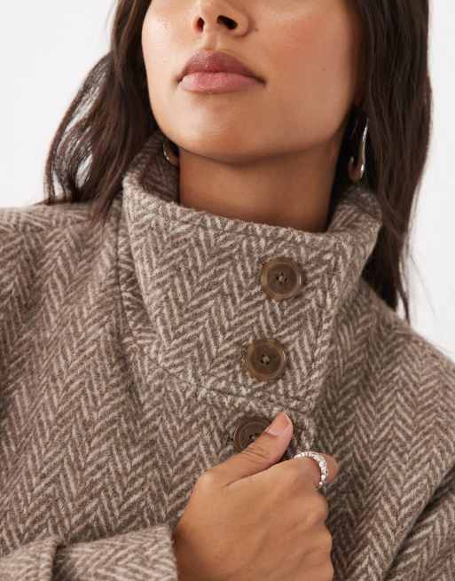 Abercrombie & Fitch wool blend funnel neck belted coat in beige herringbone , 2 of 4