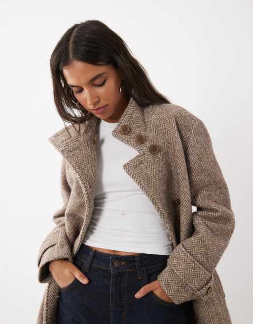Abercrombie & Fitch wool blend funnel neck belted coat in beige herringbone , 3 of 4