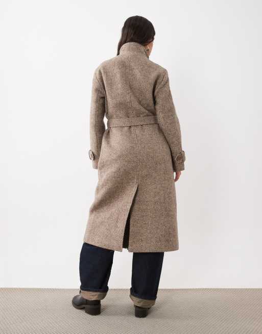 Abercrombie & Fitch wool blend funnel neck belted coat in beige herringbone , 4 of 4