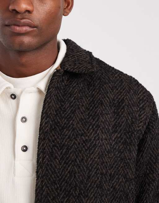 Abercrombie & Fitch wool blend herringbone jacket in dark brown , 5 of 5