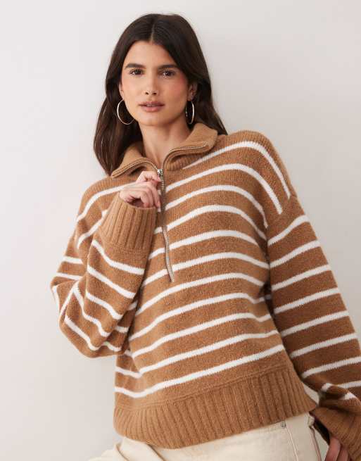 Abercrombie & Fitch wool blend knitted 1/4 zip jumper in white and brown stripe, 4 of 4