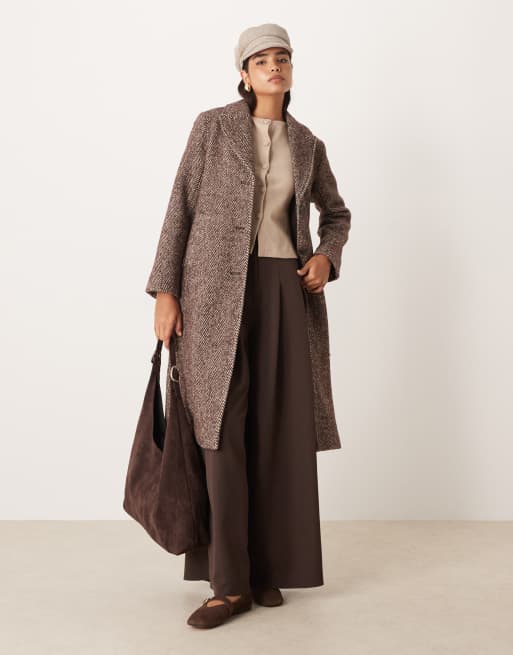 Abercrombie & Fitch wool blend tailored herringbone top coat in brown, 2 of 4