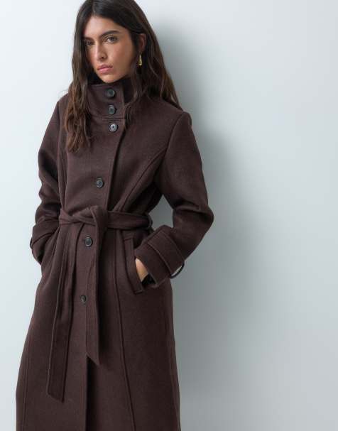 Abercrombie & Fitch wool rich blend funnel neck belted coat in brown - view 1