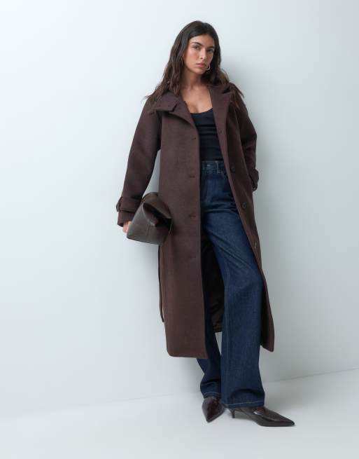 Abercrombie & Fitch wool rich blend funnel neck belted coat in brown, 2 of 5
