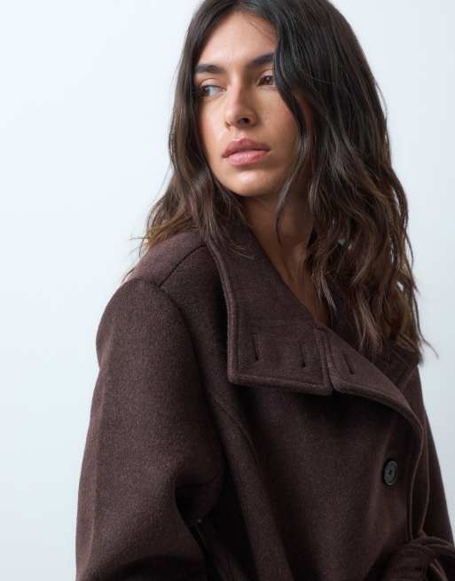 Abercrombie & Fitch wool rich blend funnel neck belted coat in brown, 4 of 5