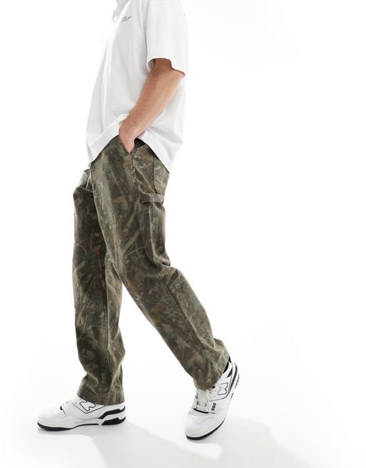 Abercrombie & Fitch workwear athletic loose fit leaf camo print canvas trousers in dark green