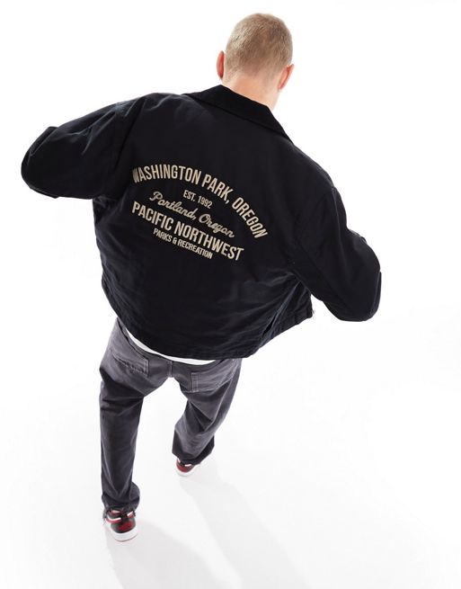 Abercrombie & Fitch – Workwear-Jacke in Schwarz mit Stickerei